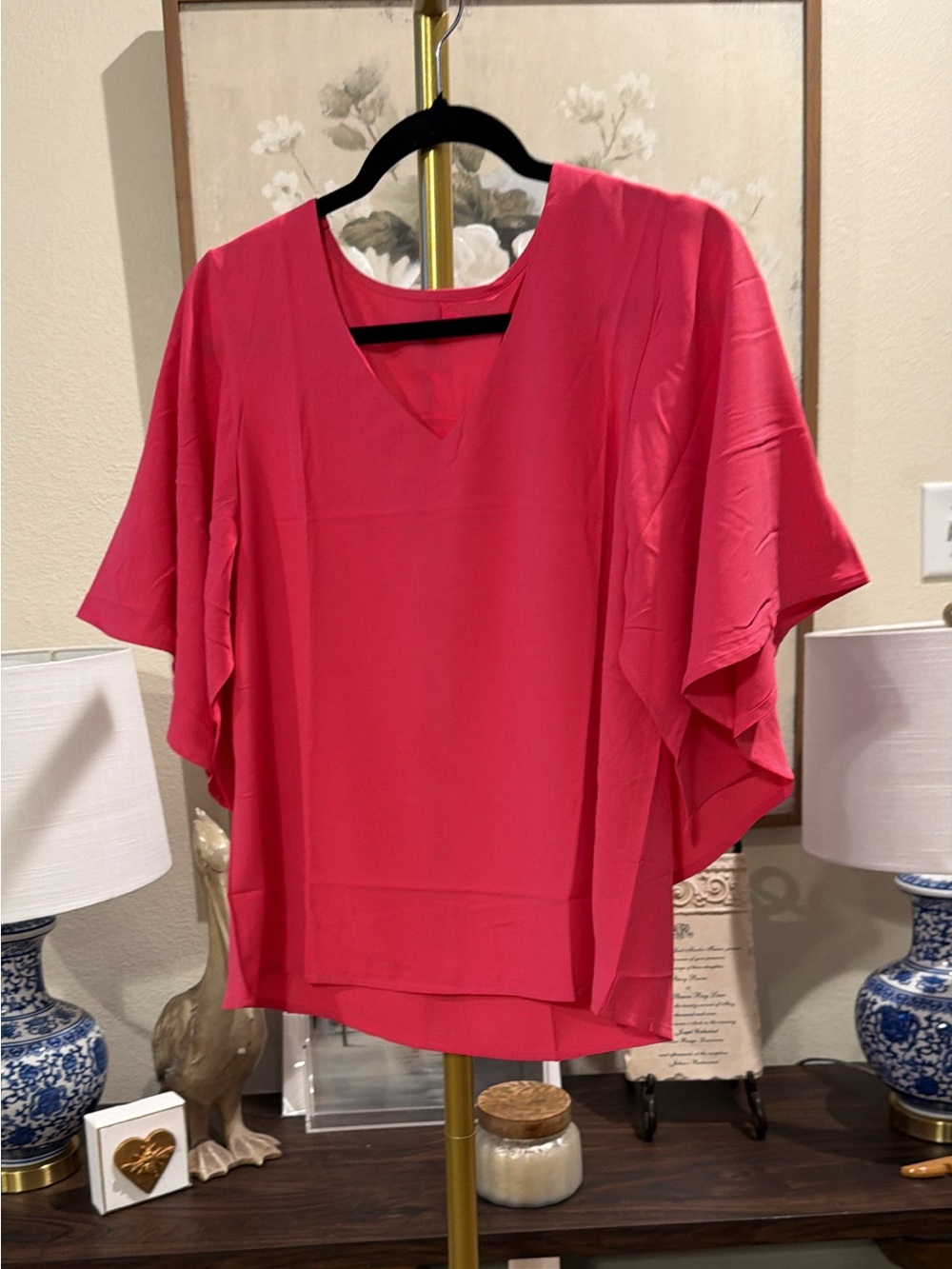 Women's V-Neck Flutter Sleeve Top - Hot Pink